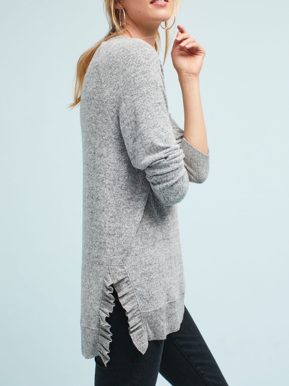 Anthropologie Postmark Gray Gia Ruffle Hem Side Split Pullover Knit Top S